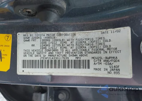 2003 Toyota Highlander V6 z USA, uszkodzony, nr VIN JTEHF21A330117639